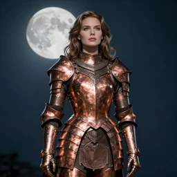 portrait of a stunningly beautiful paladin in copper plate armor who looks like young michelle pfeiffer, moonlight in the background by boris vallejo and julie bell, full body, soft lighting, HD, elegant, intricate, masterpiece