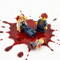 photo of a lego set splattered with blood, shiny dark red blood splatter, dismembered lego minifigures