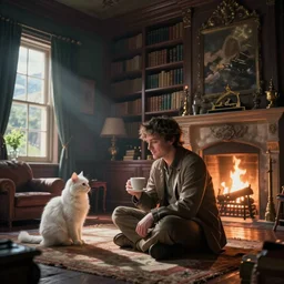 ewan mcgregor is having a coffee in a draw room, white cat, huge bookshelf at the background, fireplace, digital art, very detailed, extreme long shot, atmosphere, dramatic lighting, epic composition, wide angle, by miyazaki, nausicaa ghibli, breath of the wild