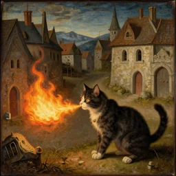 a medival painting of a cat breathing out fire in a medival town.