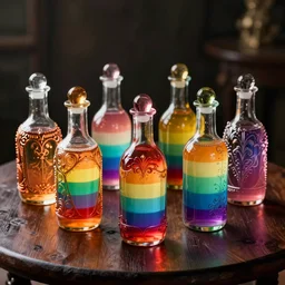 seven colored rainbow potion bottles on a dark oak table. detailed fantasy bottles made of glass. intricate design, ornate design. dramatic lighting.