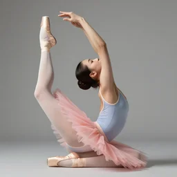 a female ballet dancer doing an extreme stretch, dance photography, pastel colors palette, anatomic photography, high detail, natural light