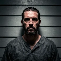 prison mugshot of bane, dramatic lighting, low saturation, somber expression
