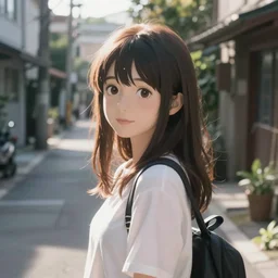 girl on a small and quiet city street in the Makoto Shinkai anime film, pretty rim highlights and specular