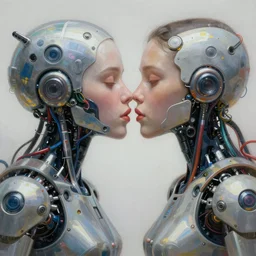 two cyborg machine, kiss of victory, wires bare, beautiful girl face, dreamscape, digital painting, concept art, 8 k, by anna dittmann