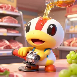toad from super mario bros being bisected with an angle grinder at a delicatessens, meat and grape juice pouring from toad's forehead