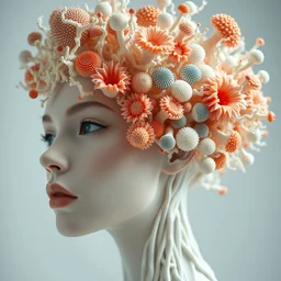 intricate hyper detailed ultra sharp biomechanical beautiful porcelain ivory woman, close - up, sharp focus, studio light, iris van herpen haute couture coral flower cyberpunk headdress made of fractal tendrils, rhizomorphs, brackets, colorful corals, mushrooms, puffballs, octane render, 8 k, ultra hd,