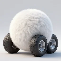 spherical car with fat tires and a fluffy skin