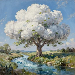 very realistic oil painting of a single cloud tree with lots of cloud shaped leaves, A beautiful, highly detailed, masterpiece, next to a small crystal clear river, oil painting by Greg Rutkowski.