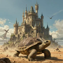 large fantasy victorian castle rising from the top of a giant moving tortoise standing on all four legs, towering over a harsh barren sandy wasteland, distant shot angled slightly up, fantasy, hyper detailed, 4 k, howls moving castle, mortal engines, kaiju,