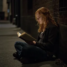 evanna lynch reading a book sitting in a dark alley of new york city, 1 0 5 mm shot, dark, calm, discrete lights, stylized by a well - known artist