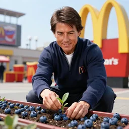 tom cruise dressed as a samurai planting blueberries in a mcdonalds's, digital art, highly - detailed