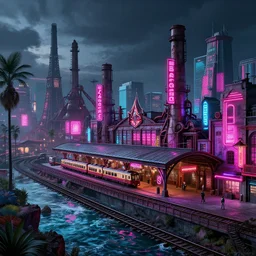 a beautiful detailed rendering of nature city industrial architecture train station architecture by tom wright, neon signs assassin's creed landscape sea neon noir wilderness retrowave dramatic lighting, archdaily, wallpaper, highly detailed, trending on artstation.