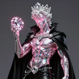 hyper detailed ultra sharp portrait of baroque and bladerunner delicate glowing diamond sculpture of seductive muscular albino young spanish rock and roll king, pink diamond black metallic sphinx iridescent humanoid deity wearing black cloak holding a prismatic gem, glowing pink face, crown of white diamonds, cinematic lighting, photorealistic, octane render 8 k depth of field 3 d