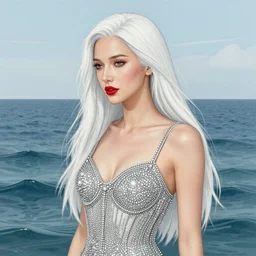 portrait nimza albino detailed drawing, with a long thin nose, red lipstick, with long white hair, standing in a camisole of rhinestones and silver, deep decal, standing in the middle of the ocean, very beautiful style, photorealism, edgard maxence