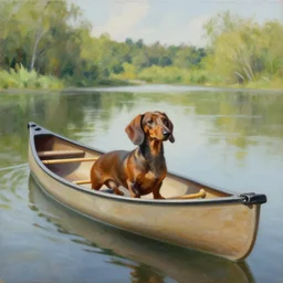 a brown dachshund sitting in a long canoe, detailed painting, weiner dog, oil on canvas, adorable, beautiful environment, wide angle shot