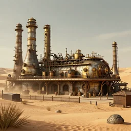 a factory in a desert. steampunk style