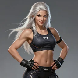 a highly detailed illustration of beautiful platinum blonde woman wearing mma gear, dramatic smile pose intricate, elegant, highly detailed, centered, digital painting, artstation, concept art, smooth, sharp focus, league of legends concept art, WLOP