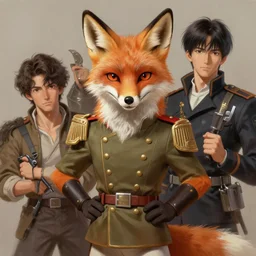 a fox soldier mascot character posing for a picture, digital painting, masterpiece by rembrandt and thomas kinkade and frank frazetta and kentaro miura, by reiq and tite kubo, stylized yet realistic faces and anatomy, advanced lighting technology, beautiful, gorgeous brush strokes