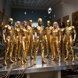 !13 diverse golden cybersuits on !one_side of a reflective !metal table, !!posing_as_last_supper cinematic lighting, intricate cables, detailed glowing red implants, satin, crystal, liquid, floating, !!highly detailed