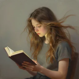 a girl reading a book, her hair flowing down, surreal photography, digital painting, artstation, simon stalenhag