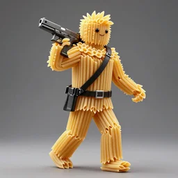 long shot photograph of a human made of penne pasta carrying a glock-19, 4k, ultra HD