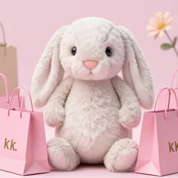 a fluffy cute plush rabbit with very long ears is shopping in the all with pink shopping bags 8 k, hd