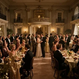 4 k digital movie still of a grand party in a beautiful mansion, 1 9 2 0 s era, many partygoers, strong contrast, unreal engine, hyper realism, realistic shading, cinematic composition, realistic render, octane render, detailed textures, photorealistic, very wide shot, 3 5 mm film