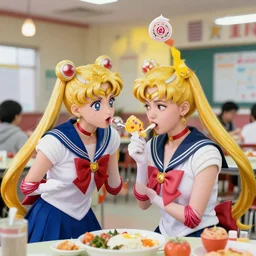 sailor moon food fight in cafeteria, detailed facial expression, surrealism aesthetic