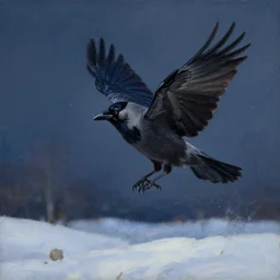 a jackdaw with a hat jolts its neck as it takes flight in the night sky, a painting of nature in winter