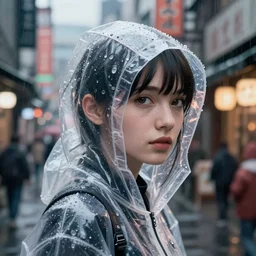 Kodak Portra 160, 8K, highly detailed, wachowski seinen manga 3/4 closeup portrait, eye contact, focus on clear transparent raincoat replicant girl model, tilt shift zaha hadid style anime background: famous blade runner anime remake, rainy tokyo izakaya scene