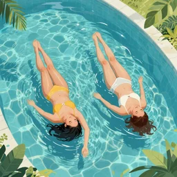 two women swimming in tropical pool in stockings, digital art, artstation, mucha