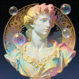 bust of a man , strong boy, gradient rainbow, dreamy and ethereal, blue eyes, golden ratio, peaceful expression, ornate frilly dress, fantasy, intricate, elegant, rainbow bubbles, highly detailed, digital painting, artstation, concept art, smooth,b sharp focus, illustration, art by artgerm and greg rutkowski and alphonse mucha