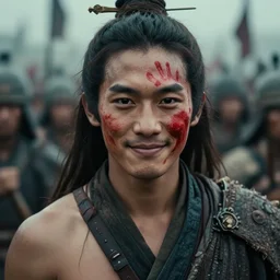 a ultra high resolution close - up of a beautiful young tai warlord standing in crowd of battlefield, looking down at the camera. his face is partially obscured by red handprint, and he has a smiling expression. the light is dim, and the colours are muted. kodak etkar 1 0 0