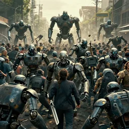 huge crowd being forcefully relocated by evil robots, cinematic