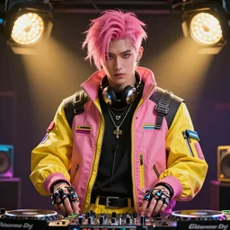 cyberpunk photorealistic character, tech wear outfit, wearables, dj, deejay, handsome, pink and yellow, edgy, piercing, awe inspiring, artstation hd, 8 k, detailed, intricate, ornate, studio lights, golden ratio, masterpiece
