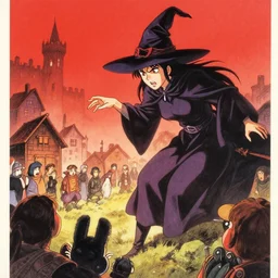 glossy old advertising poster of a witch cursing a village, angry crowd, drawn comic by junji ito, pastels, gradient, red,