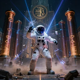 vampire astronaut performing ritual magic in front of masonic temple with tesla coils in the background, technology and magick, circuitry and sigils combined, photorealistic, royo, frazetta, leds, dust, laser light, crystalline shimmers, chaos, complexity, emergence,
