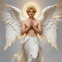 fullbody portrait of a beautiful young fit male angel with curly blond hairs, soft smile, closed eyes, blessing palms, dressed in long fluent skirt, majestic symmetrical eagle wings, luminous halo, by greg rutkowski and alphonse mucha, gradient white to gold, in front of an iridescent background, highly detailed portrait, digital painting, smooth, sharp focus illustration