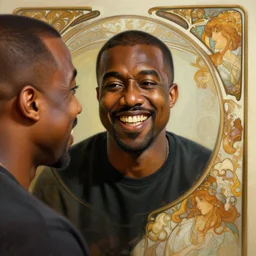 a portrait of black person that looks like Kanye West, laughing at his own mirror reflection, detailed, centered, digital painting, artstation, concept art, donato giancola, Dante Gabriel Rossetti, alphonse mucha, Joseph Christian Leyendecker, WLOP, Boris Vallejo, Annie Leibovitz and Steve McCurry, David Lazar, Jimmy Nelsson, Breathtaking, 8k resolution, extremely detailed, beautiful, establishing shot, artistic, hyperrealistic, beautiful face, octane render