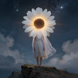 giant white daisy flower veil on head, girl standing on cliff, surreal photography, solar eclipse, milky way, dramatic light, impressionist painting, clouds, digital painting, artstation, james gilleard, liam wong, jeremy mann, simon stalenhag