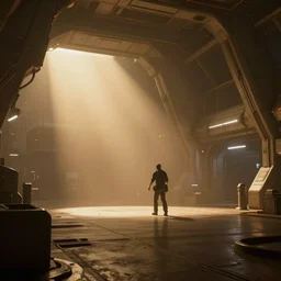 Hangar of a space base, Light light atmosphere, soft light, warm tones, lights, gloom and lights, warm tones, warm colors, photo realistic, playing, CGI, Unreal Engine, Hdri