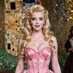a masterpiece ultrarealistic ultradetailed portrait of a incredibly beautiful 0 0 s blonde bimbo in pink clothes. baroque renaissance. medium shot, intricate, elegant, highly detailed. trending on artstation, digital art, by stanley artgerm lau, wlop, rossdraws, james jean, andrei riabovitchev, marc simonetti, yoshitaka amano. background by james jean and gustav klimt, light by julie bell, 4 k, porcelain skin.
