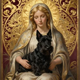 blonde madonna with a black scottish terrier on her lap. bordeaux with a gold filigree background. art nouveau. masterful, detailed drawing
