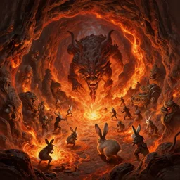 a rabbit in a large magma cavern boss battle fantasy artwork epic detailed and intricate digital painting trending on artstation by wlop octane render