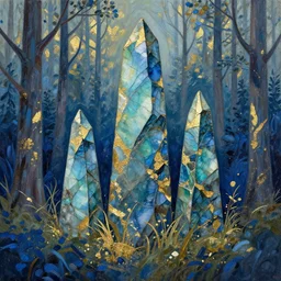 labradorite towers in the bluewood forest. gouache and gold leaf by the award - winning concept artist