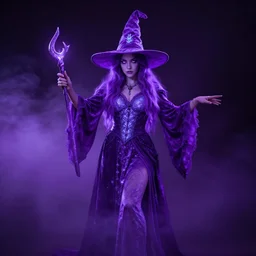 luminescent purple wizard, female, dark background, volumetric fog, 4K