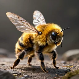 the hybrid of a dog and bumblebee the dog has wings the dogs coat looks like a bee, chimera, photo realistic, realistic lighting, stunning, flying bee