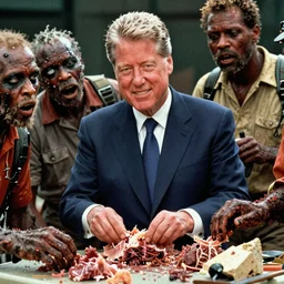 technicolor bill clinton in dawn of the dead, zombies eating flesh, cinestill 8 0 0 t, 1 9 7 0 s movie still, film grain