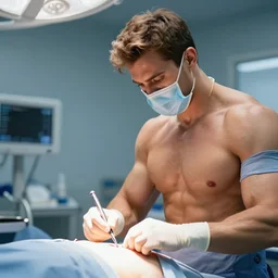 muscular zeus watches closely as a handsome, attractive male doctor performs surgery on a patient, bright colors, painting by gaston bussiere, craig mullins, j. c. leyendecker